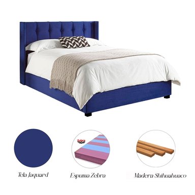 CAMA TAPIZADA LISTÓN CON BOTONES AZUL 2 PLAZAS - 3