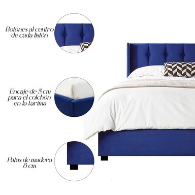 CAMA TAPIZADA LISTÓN CON BOTONES AZUL 2 PLAZAS - 4