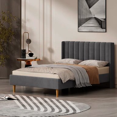 CAMA TAPIZADA LISTÓN CON PATAS VINTAGE GRIS OSCURO QUEEN - 2