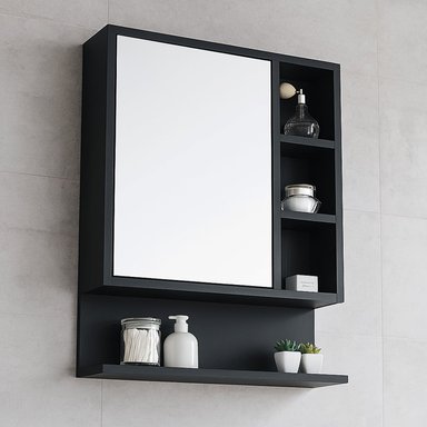 MUEBLE DE BAÑO CON ESPEJO MELAMINA NEGRO 60X55 CM