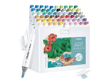 SET MARCADORES OHUHU 22 60 UNIDADES KAALA PUNTA DELGADA - ANCHA + PUNTA FINA DE ALCOHOL ILUSTRACIONES DE PAISAJES + 1 BLENDER