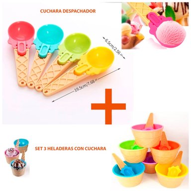 SET ACCESORIOS COCINA 1 CUCHARA DESPACHADOR + 3 VASOS CUCHARITAS HELADO