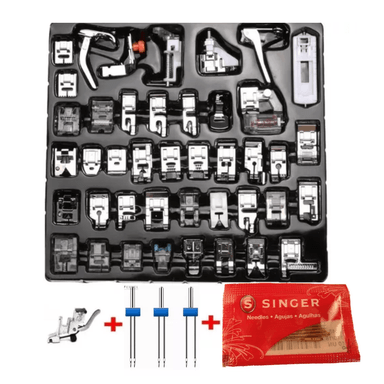 KIT DE 42 PIES PRENSATELAS MAS 3  AGUJA GEMELA DOBLE, 10 AGUJAS SINGER Y SOPORTE DE PRENSATELA PARA MAQUINA DOMÉSTICA FAMILIAR