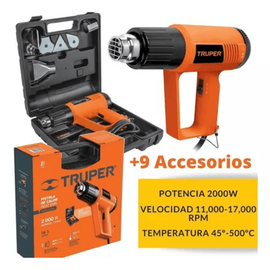 PISTOLA DE CALOR TRUPER AIRE CALIENTE DE ALTA CALIDAD 2000W CON 9 PIEZAS DE ACCESORIOS - 1