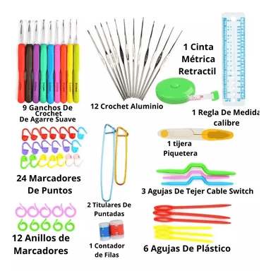 SET 72 ACCESORIOS PARA TEJER EN CROCHET GANCHO GANCHILLO SUAVE Y AGUJAS