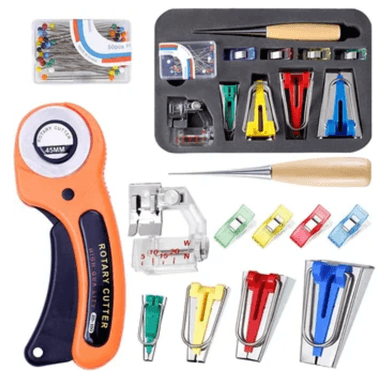 PRENSATELA KIT PARA HACER CINTA AL BIES CORTADOR TELA COSTURA PATCHWORK MÁS CUCHILLA CIRCULAR PARA CORTA TELA