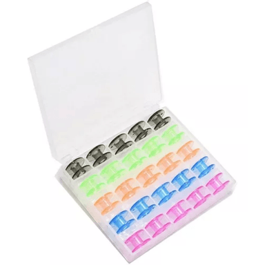25 UNIDS CAJA DE CARRETEL CARRETES DE PLÁSTICO COLORIDO BOBINA UNIVERSAL PARA MAQUINA DE COSER DOMESTICA SINGER BROTHER JANOME