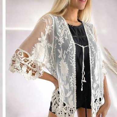 KIMONO MAXI MUJER YOMAR BLANCO TULL RAMAS MANGA TRES CUARTOS - 1