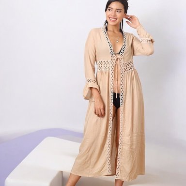KIMONO MAXI MUJER YOMAR BEIGE PRINCESA MANGA LARGA - 2