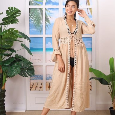 KIMONO MAXI MUJER YOMAR BEIGE PRINCESA MANGA LARGA - 4