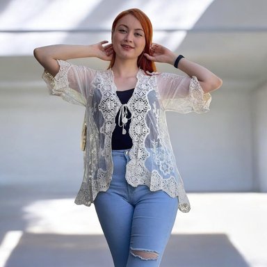 KIMONO MAXI MUJER YOMAR BLANCO TULL DETALLE - 2