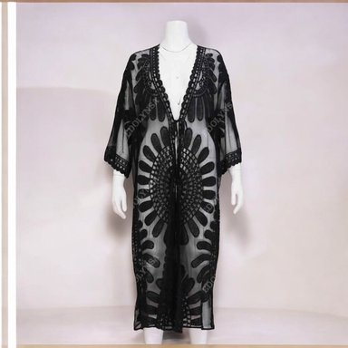 KIMONO MAXI MUJER YOMAR NEGRO TULL ABIERTO LARGO IMPORTADO GIRASOL - 1