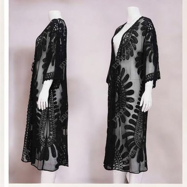 KIMONO MAXI MUJER YOMAR NEGRO TULL ABIERTO LARGO IMPORTADO GIRASOL - 2