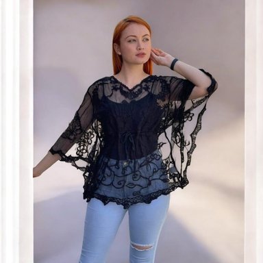 KIMONO MAXI MUJER YOMAR NEGRO TULL DETALLES ENCAJE - 1