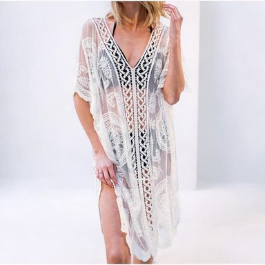 KIMONO MAXI MUJER YOMAR BLANCO TULL DETALLES CIRCULOS - 2
