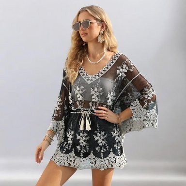 KIMONO MAXI MUJER YOMAR NEGRO TULL DISEÑO ITALIAN - 2