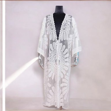 KIMONO MAXI MUJER YOMAR BLANCO TULL ABIERTO LARGO IMPORTADO GIRASOL - 1