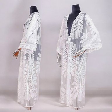 KIMONO MAXI MUJER YOMAR BLANCO TULL ABIERTO LARGO IMPORTADO GIRASOL - 2