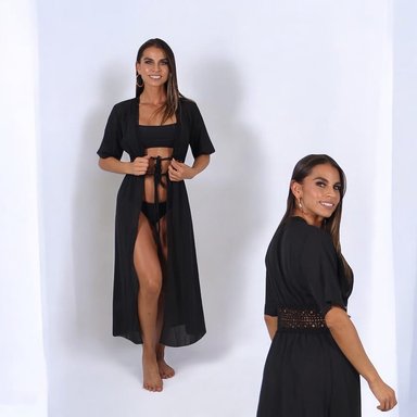 KIMONO MAXI MUJER YOMAR NEGRO PRINCESA MANGA CORTA - 4