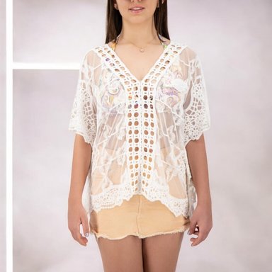 KIMONO MAXI MUJER YOMAR BLANCO TULL QUEEN - 1