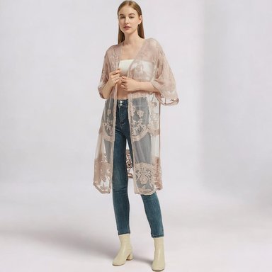 KIMONO MAXI MUJER YOMAR BEIGE ABIERTA TULL CON DISEÑO MANGA 3 CUARTOS - 1