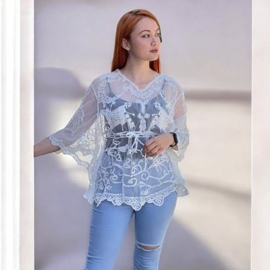 KIMONO MAXI MUJER YOMAR BLANCO TULL DETALLES ENCAJE - 1