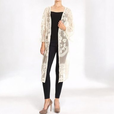 KIMONO MAXI MUJER YOMAR BLANCO ABIERTA TULL CON DISEÑO MANGA 3 CUARTOS - 1