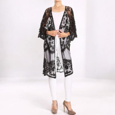 KIMONO MAXI MUJER YOMAR NEGRO ABIERTA TULL CON DISEÑO MANGA 3 CUARTOS - 1
