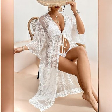 KIMONO MAXI MUJER YOMAR BLANCO TULL BOSQUE - 3
