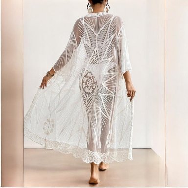 KIMONO MAXI MUJER YOMAR BLANCO TULL BOSQUE - 4