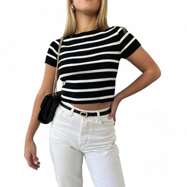 POLO MANGA MANGA 3/5 MUJER NEGRO HILO CUELLO RENDONDO GUI359-18