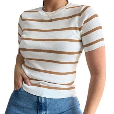 POLO MANGA 3/5 HILO MUJER RAYAS BEIGE 359G-18