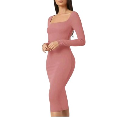 VESTIDO CUELLO CUADRADO MANGA LARGA RIB GRUESO COL-22 COLOR ROSA