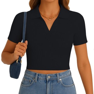 POLO MUJER CAMISERO MANGA CORTA NEW 710-13 RIB GRUESO COLOR NEGRO