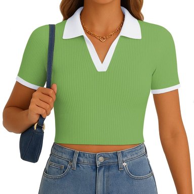 POLO MUJER CAMISERO BICOLOR MANGA CORTA RIB GRUESO NEW 710-13 COLOR OLIVO