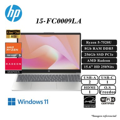 LAPTOP HP 15-FC0005LA 8GB 15" 256GB SSD RYZEN 15-FC0009LA 5-7520U RAM AMD RADEON GRPAHICS FHD ANTIGLARE FD