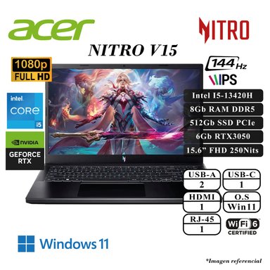 LAPTOP ACER COMPUTER NITRO V 15 8GB 15" 512GB SSD INTEL ACER CORE I5-13420H DRR5 6GB RTX3050 GDDR6 FHD IPS 144HZ WIN11