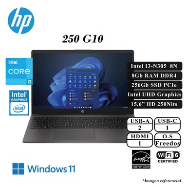 LAPTOP HP 250 G10 INTEL CORE I3-N305 8N 3.8GHz 8GB DRR4 256GB SSD M.2 PCIe NVMe 15.6 HD 250nits