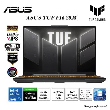 LAPTOP ASUS TUF GAMING F16 2025 FX607VJ INTEL CORE 5 210H IA 8N 8GB RAM 512GB SSD 6GB RTX3050 16 WUXGA 144HZ