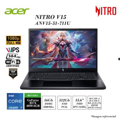 LAPTOP ACER NITRO V 15 INTEL CORE I7-13620H 15.6 FHD IPS 144HZ 16GB DDR5 512GB SSD RTX4050 WITH 6GB GDDR6 WIN 11 HOME