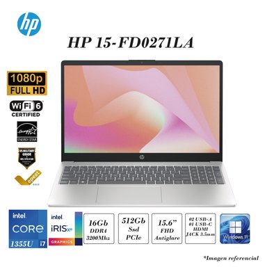 LAPTOP HP 15-FD0271LA INTEL CORE I7-1355U 16GB DDR4 512GB SSD 15.6 FHD WINDOWS 11 HOME 3 CELDAS - 1