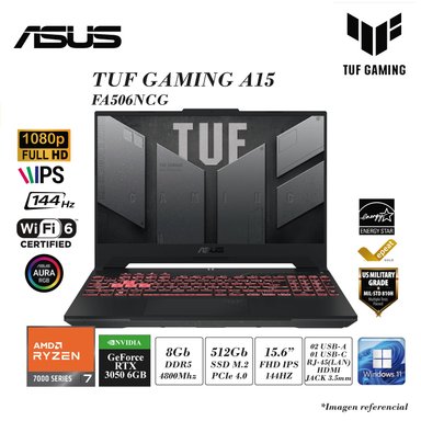 LAPTOP ASUS TUF A15 FA506N AMD RYZEN 7-7445HS 8GB DDR5 512GB SSD 4GB RTX3050 15.6 FHD 144HZ WIN 11