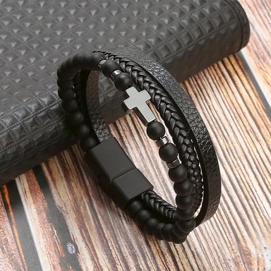 PULSERA CUERO HOMBRES NEGRO CRUZ