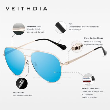 LENTES SOL UV400 VEITHDIA PILOT POLARIZADOS AZUL - 4