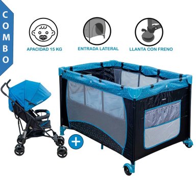 COMBO CUNA CORRAL PACK AND PLAY STELLA AZUL +COCHE BASTÓN EMMA