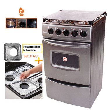 COCINA 4 HORNILLAS FADIC CON TAPA VIDRIO Y HORNO 4H GRIS +PROTECTOR SAMI