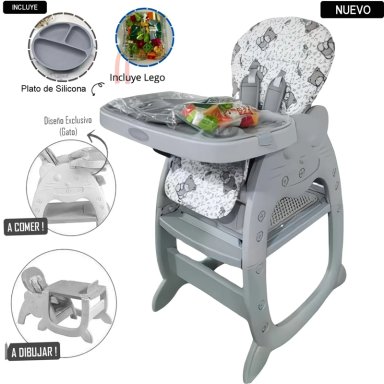 SILLA CARPETA HI BABY GATO 3 EN 1 GRIS CON PLATO Y LEGO