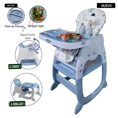 SILLA CARPETA HI BABY GATO 3 EN 1 AZUL CON PLATO Y LEGO