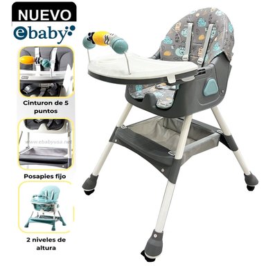SILLA DE COMER PLEGABLE CON RUEDAS DOBLE BANDEJA LULU GRIS EB631-G