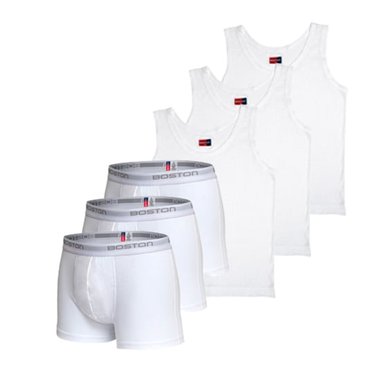 SET 3 CAMISETAS SIN MANGAS CLÁSICA BVD + 3 BÓXERS CORTOS RIB HOMBRE BOSTON LICRADO BLANCO